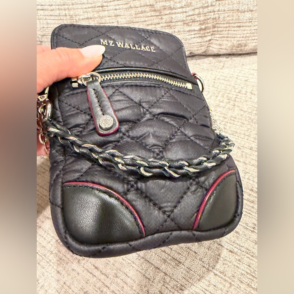MZ WALLACE Black, Quilted Micro Crosby Crossbody Phone Bag with Silver Chain - Picture 8 of 16